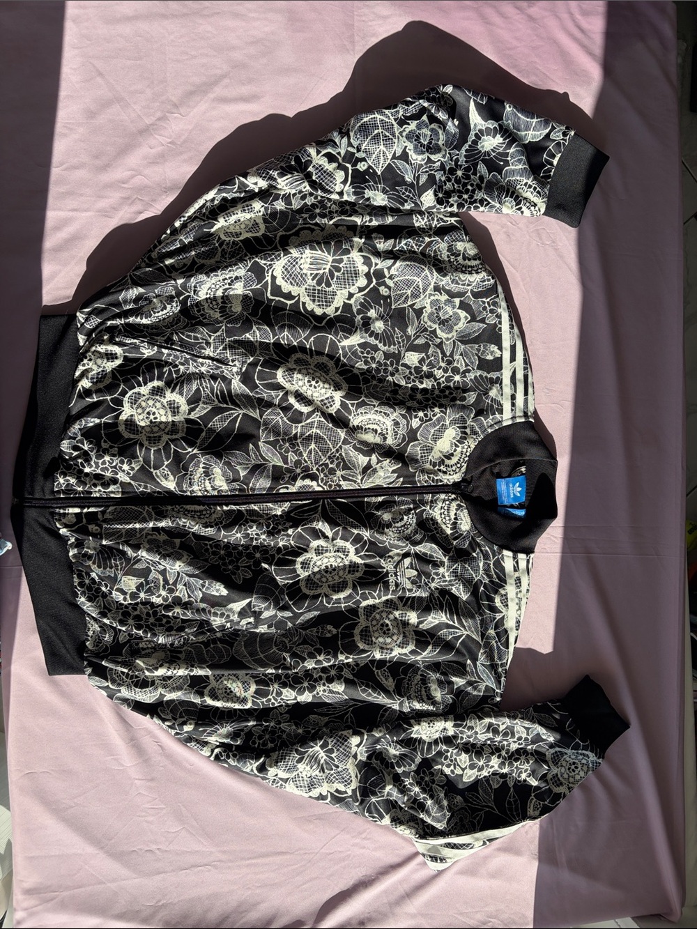 Adidas x FARM Rio Black and White Bomber Jacket with Floral Design and Batwings